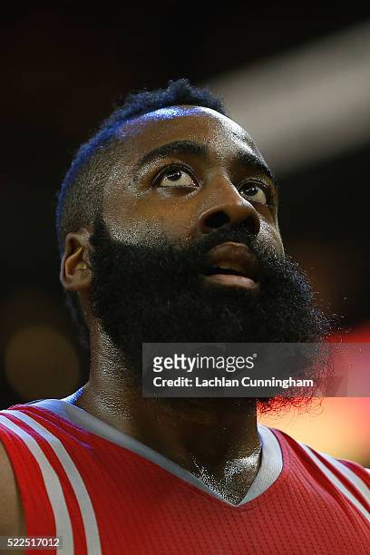 James Harden of the Houston Rockets looks on at the end of the first quarter in Game Two of the Western Conference Quarterfinals during the 2016 NBA...