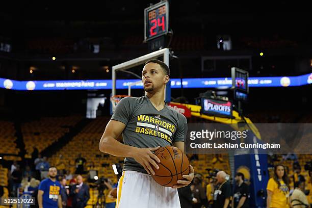 Stephen Curry of the Golden State Warriors warms up before Game Two of the Western Conference Quarterfinals during the 2016 NBA Playoffs at ORACLE...