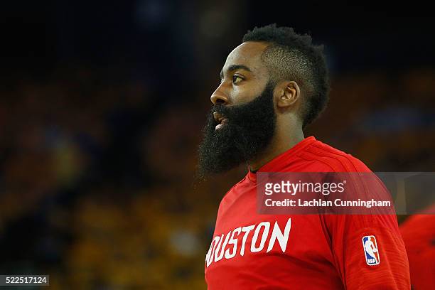 James Harden of the Houston Rockets warms up before Game Two of the Western Conference Quarterfinals during the 2016 NBA Playoffs at ORACLE Arena on...