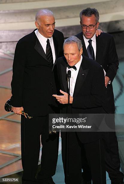 Producers Clint Eastwood, Albert S. Ruddy and Tom Rosenberg accept the award for Best Picture for "Million Dollar Baby" onstage during the 77th...