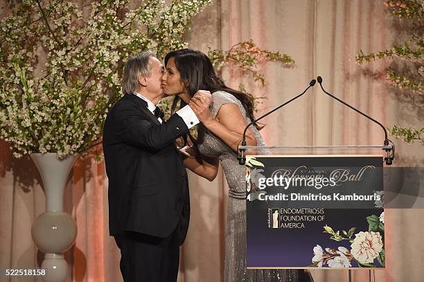 Co-founder Tamer Seckin, MD and EFA co-founder and host Padma Lakshmi speak onstage during the 8th Annual Blossom Ball benefiting the Endometriosis...
