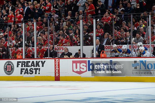 Artemi Panarin, Richard Panik and Andrew Ladd of the Chicago Blackhawks sit in the penalty box as Kevin Shattenkirk, Alexander Steen, Robby Fabbri...