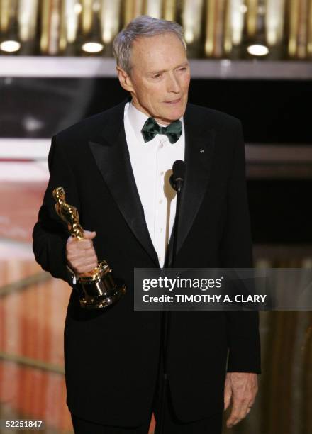 United States: Clint Eastwood, winner for Best Director for his movie "Million Dollar, gives his acceptance speech during the 77th Academy Awards...