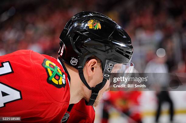 Richard Panik of the Chicago Blackhawks looks down the ice in the second period of Game Four of the Western Conference First Round against the St....