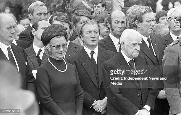 Fianna Fail leader Jack Lynch,TD his wife Maureen, Charlie Haughey and members of the Fianna Fail party at the burial of the late President Eamonn de...