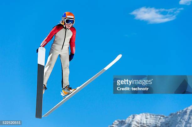 young ski jumper in mid-air against the blue sky - ski jump stock pictures, royalty-free photos & images