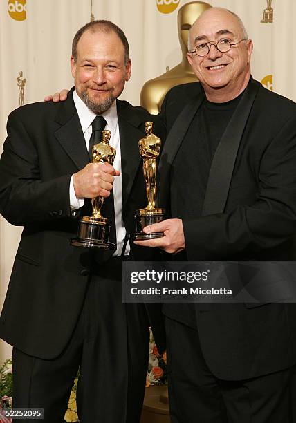 Composers Michael Silvers and Randy Thom pose with their "Achievement In Sound Editing" award for "The Incredibles" backstage during the 77th Annual...