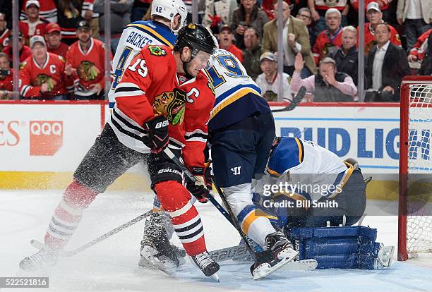 Jonathan Toews of the Chicago Blackhawks attempts to score in the third period of Game Four of the Western Conference First Round against the St....