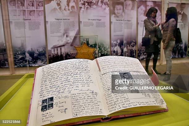 Anne Frank's diary is displayed at the Netherlands pavilion of the XXIX International Book Fair in Bogota, Colombia on April 19, 2016. Netherlands is...