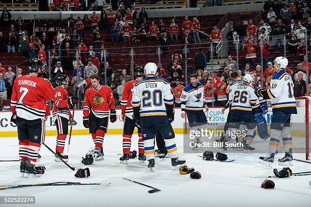 Brawl breaks out between the Chicago Blackhawks and the St. Louis Blues at the end of the third period of Game Four of the Western Conference First...