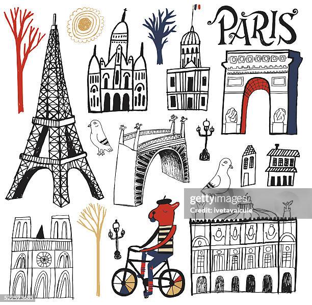 stockillustraties, clipart, cartoons en iconen met symbols, buildings and tourism landmarks of paris france set - fiets hoed