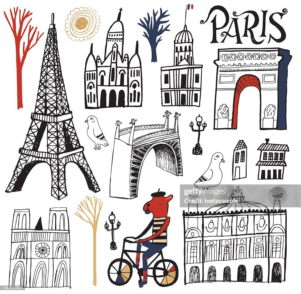 Symbols, Buildings and Tourism Landmarks of Paris France Set