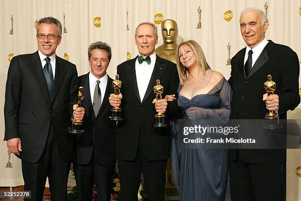 Producer Tom Rosenberg, Presenter Dustin Hoffman, Producer Clint Eastwood, Presenter Barbara Streisand, and Producer Albert S. Ruddy pose with the...