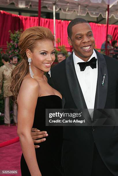 Singer Beyonce Knowles and rapper Jay-Z arrive at the 77th Annual Academy Awards at the Kodak Theater on February 27, 2005 in Hollywood, California.