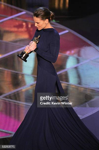 Actress Hilary Swank accepts her award for best actress in a leading role for her performance in "Million Dollar Baby" on stage during the 77th...