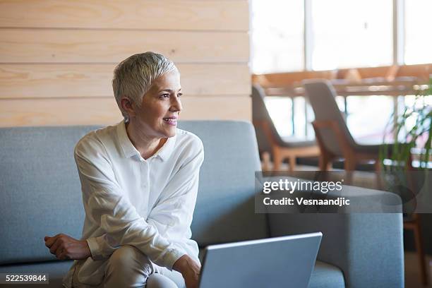 woman working on laptop at cafe - businesswoman couch stock pictures, royalty-free photos & images