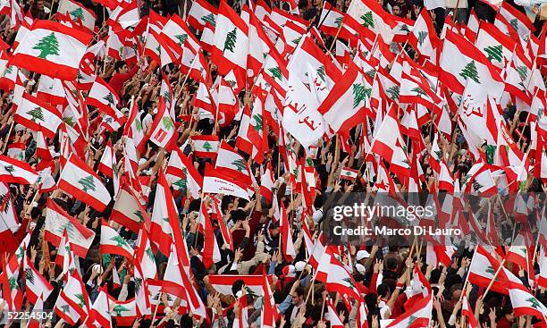 Crowds participate in an anti-Syrian demonstration despite resistance from Lebanese Army Soldiers on February 28, 2005 in central Beirut, Lebanon....