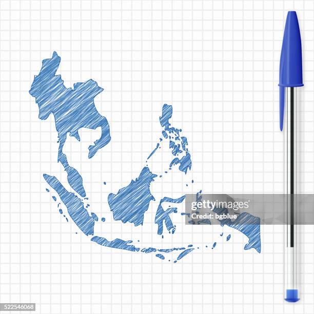 southeast asia map sketch on grid paper, blue pen - cambodia pattern stock illustrations