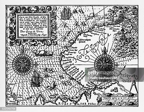 historical map of dutch navigators artic expedition - polar stock illustrations