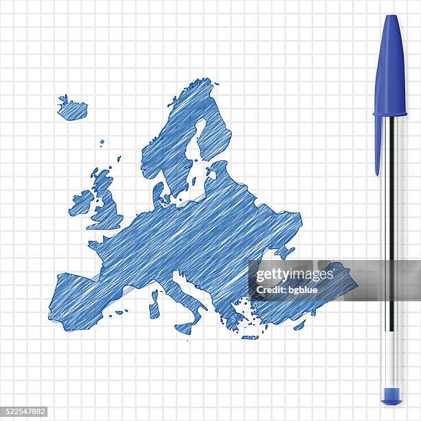 europe map sketch on grid paper, blue pen - ballpoint pen stock illustrations
