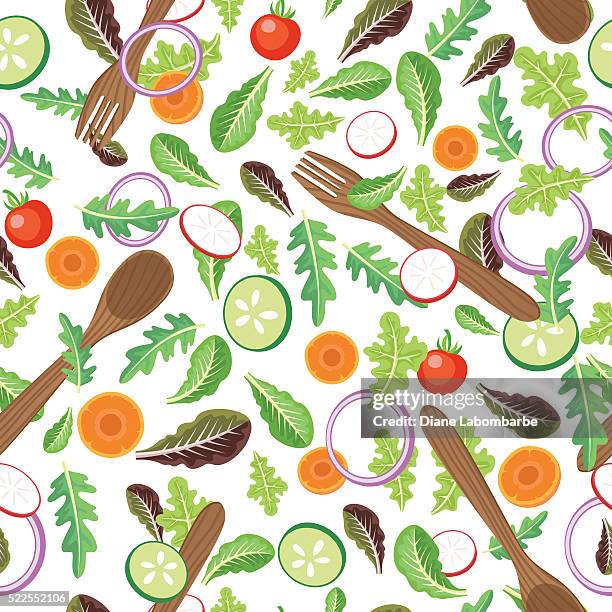 stockillustraties, clipart, cartoons en iconen met seamless tossed salad with serving utensils pattern - leaf lettuce