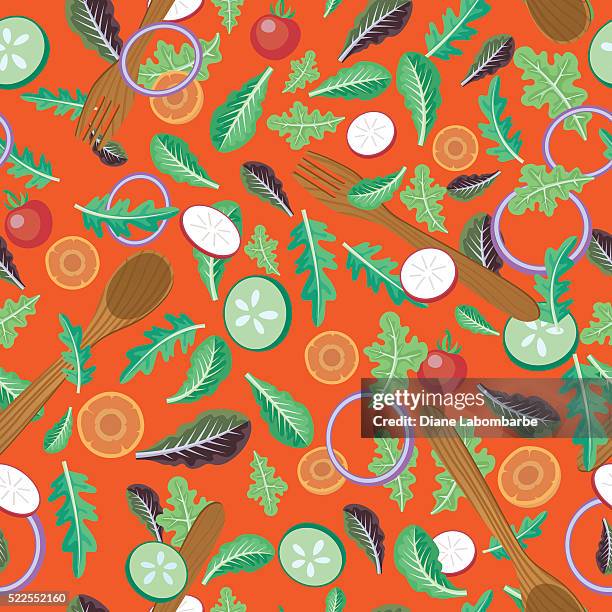 seamless tossed salad with serving utensils pattern - cherry tomatoes stock illustrations