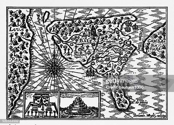 historical map of dutch navigators island of bali illustration - bali stock illustrations