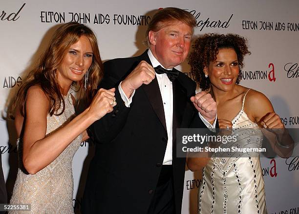 Melania Trump with husband Donald Trump and actress Lucia Rijker arrives at the 13th Annual Elton John Aids Foundation Academy Awards Viewing Party...