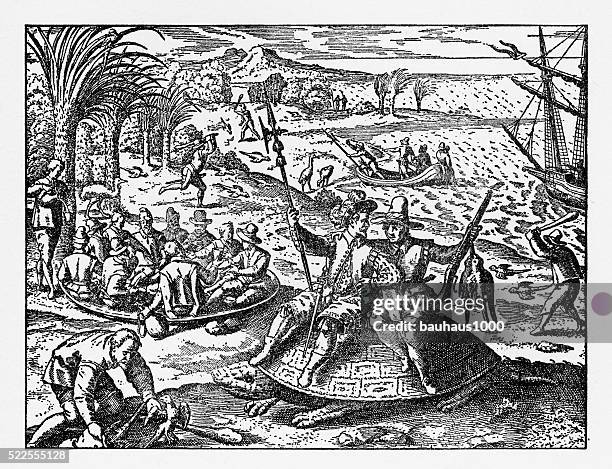 dutch navigators landing on the mauritius island illustration - mauritius stock illustrations