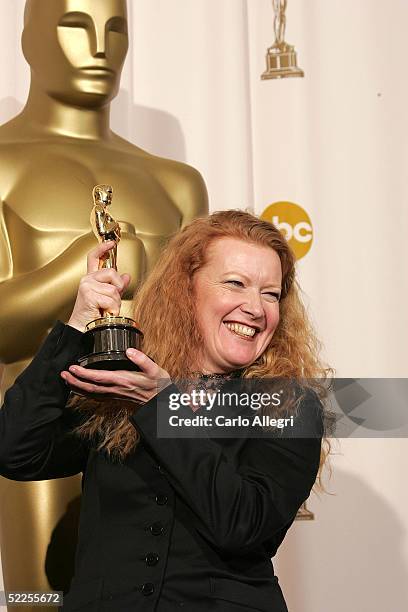 Director Andrea Arnold poses with her "Best Live Action Short Film" award for "Wasp"backstage during the 77th Annual Academy Awards on February 27,...