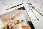 Computer Tablet Showing Finished Kitchen On House Plans, Pencil,