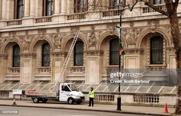 The ladder used by the three Fathers 4 Justice campaigners to climb up and protest on a ledge on the corner of Downing Street on February 28, 2005 in...