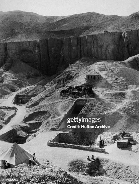 Aerial view of Howard Carter's archaeological excavations of the tombs of the Pharoahs Ramesses VI and Tutankhamen , Valley of the Kings, Thebes,...