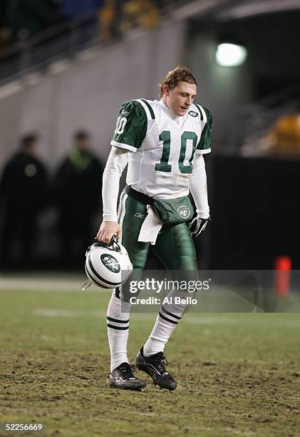 Quarterback Chad Pennington of the New York Jets walks on the field during the game against the Pittsburgh Steelers on December 12, 2004 at Heinz...