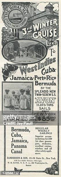 Advertisement for winter vacation cruises to the West Indies, Cuba, Jamaica, Puerto Rico, Bermuda and the Panama Canal by the Royal Mail Steam Packet...