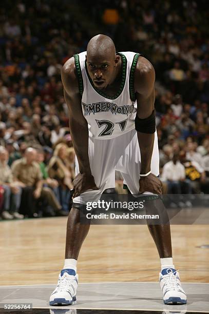 Kevin Garnett of the Minnesota Timberwolves looks on against the New Jersey Nets on February 15, 2005 at the Target Center in Minneapolis, Minnesota....