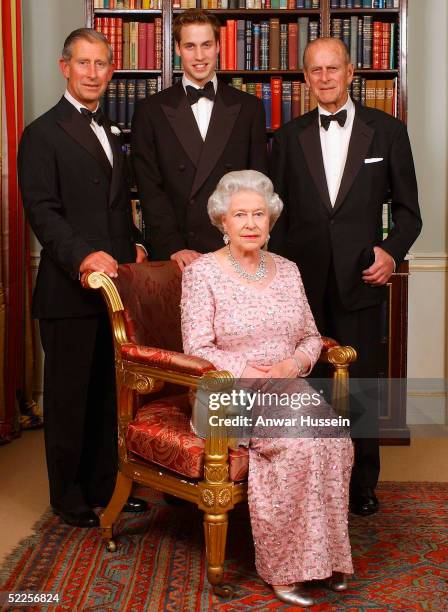 Three generations of the British Royal family - Queen Elizabeth II sits in front of the Prince of Wales, Prince William and the Duke of Edinuburgh as...