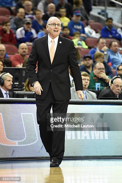 Head coach Jim Larrañaga of the Miami Hurricanes looks on during the third round of the 2016 NCAA Men's Basketball Tournament against the MVillanova...