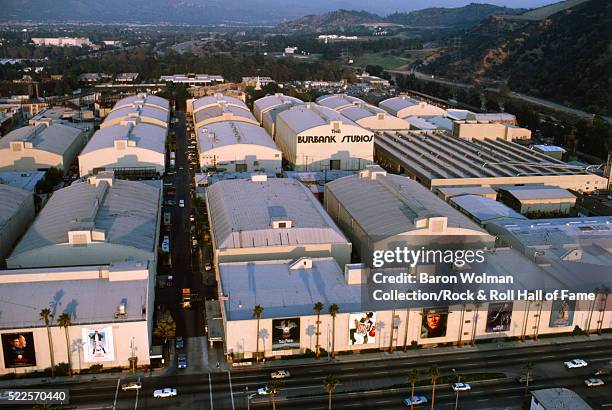 Aerial view of the Universal Studios, Warner Bros., Burbank, CA, United States, circa 1970s.