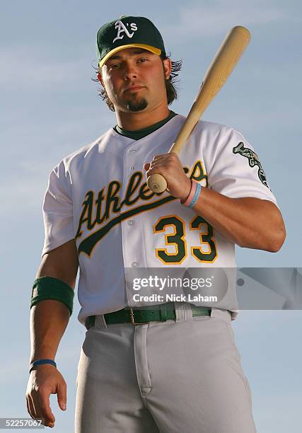 Nick Swisher of the Oakland Athletics poses for a portrait during the Oakland Athletics Photo Day at Papago Park on February 28, 2005 in Phoenix,...