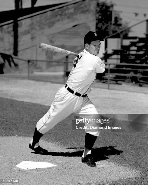 Third baseman George Kell of the Detroit Tigers poses for an action portrai during 1947 Spring Training in Lakeland, Florida.