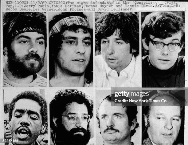 Closeups of the Chicago Eight: Jerry Rubin , Abbie Hoffman ,Tom Hayden, Rennie Davis, Bobby Seale, Lee Weiner, John Froines and David Dellinger ,...