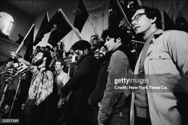 American activist Jerry Rubin speaks at a news conference with other members of the Chicago Seven, including John Froines, Rennie Davis, Lee Weiner...