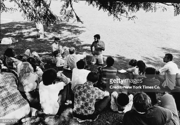 American activist Lee Weiner addresses the Yippies and members of anti-Vietnam War groups at a training program in Lincoln Park in preperation for...