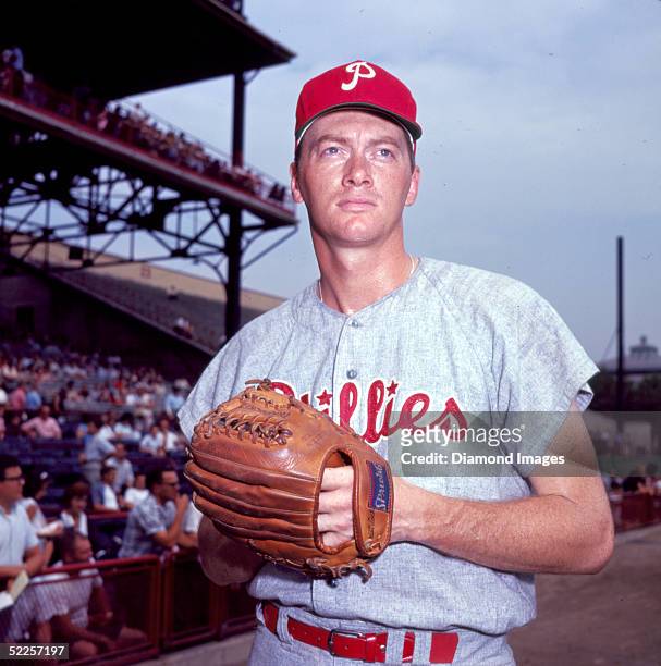 Pitcher Jim Bunning of the Philadelphia Phillies poses for a portrait prior to a 1966 game against the Cincinnati Reds at Crosley Field in...