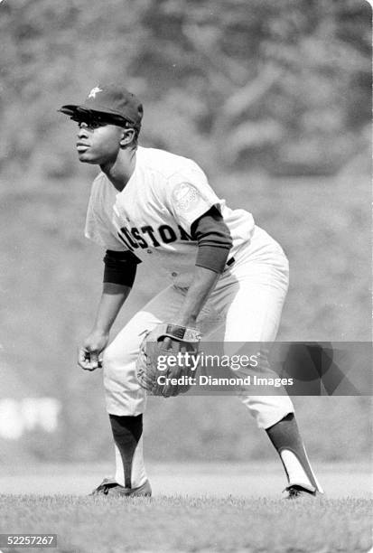 Second baseman Joe Morgan of the Houston Astros prepares for the play during a game against the Pittsburgh Pirates at Forbes Field in Pittsburgh...