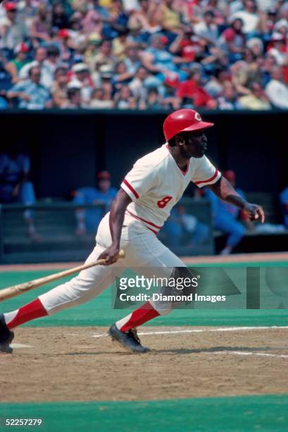 Second baseman Joe Morgan of the Cincinnati Reds watches his hit to right field during a 1978 game against the St. Louis Cardinals at Riverfront...