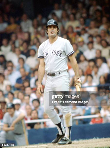 Lou Piniella of the New York Yankees waits to take his stance in the batters box during a game circa 1978-81 against the Cleveland Indians at...