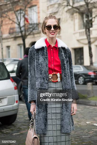 Fashion Blogger Chiara Ferragni wears all Miu Miu on day 9 during Paris Fashion Week Autumn/Winter 2016/17 on March 9, 2016 in Paris, France. Chiara...