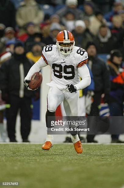 Wide receiver Richard Alston of the Cleveland Browns carries the ball against the Buffalo Bills during the game on December 12, 2004 at Ralph Wilson...